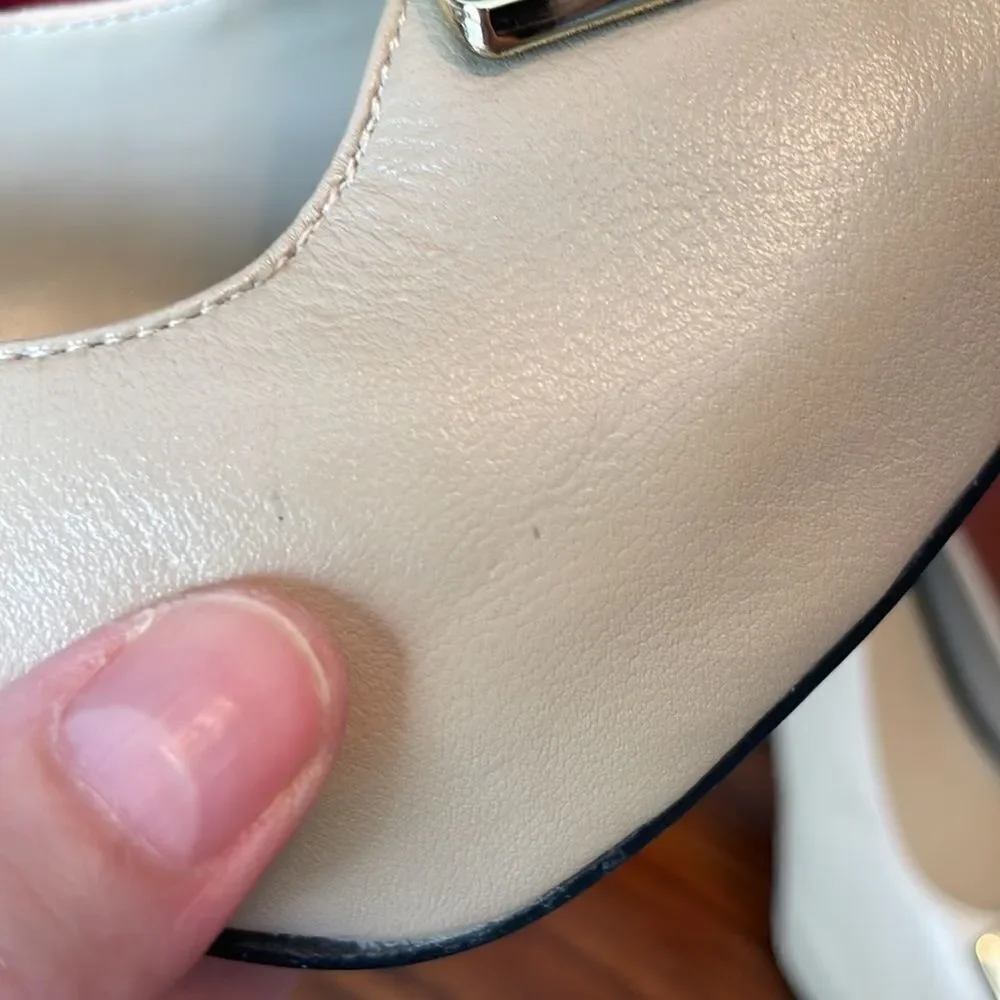 Nine West ivory leather black patent and gold accent slingback platform heels